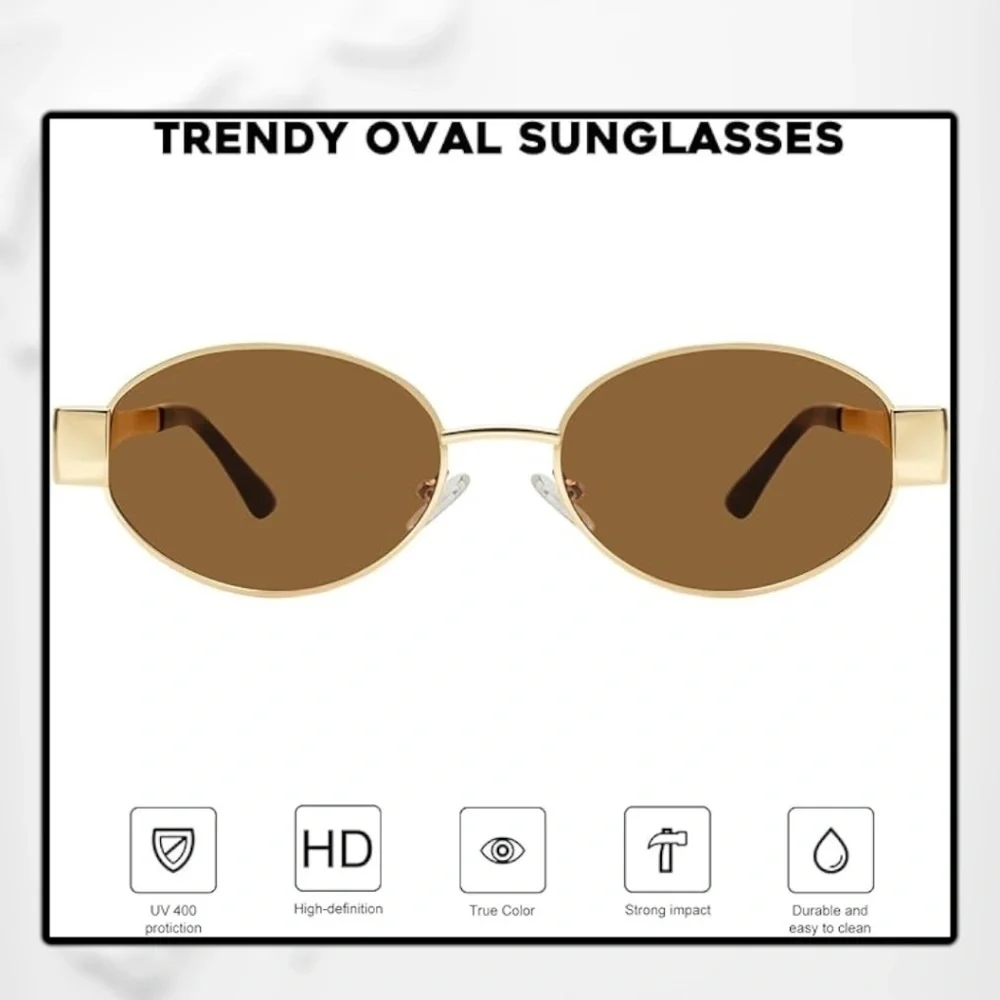 Retro Oval Shiny Gold Metal Brown Tinted Sunglasses NWT
